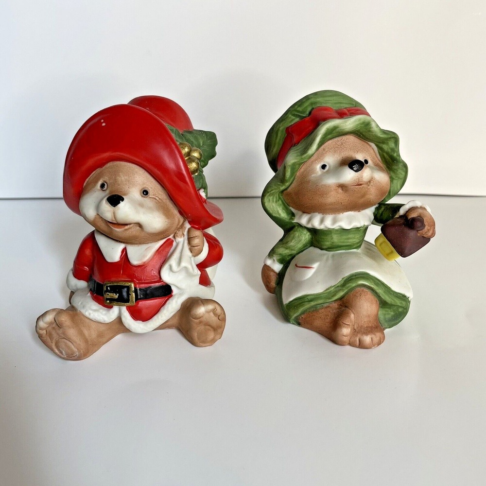 Vtg Homco 5600‎ Porcelain Christmas Bear Mouse 3.5" Figurine MR MRS Claus